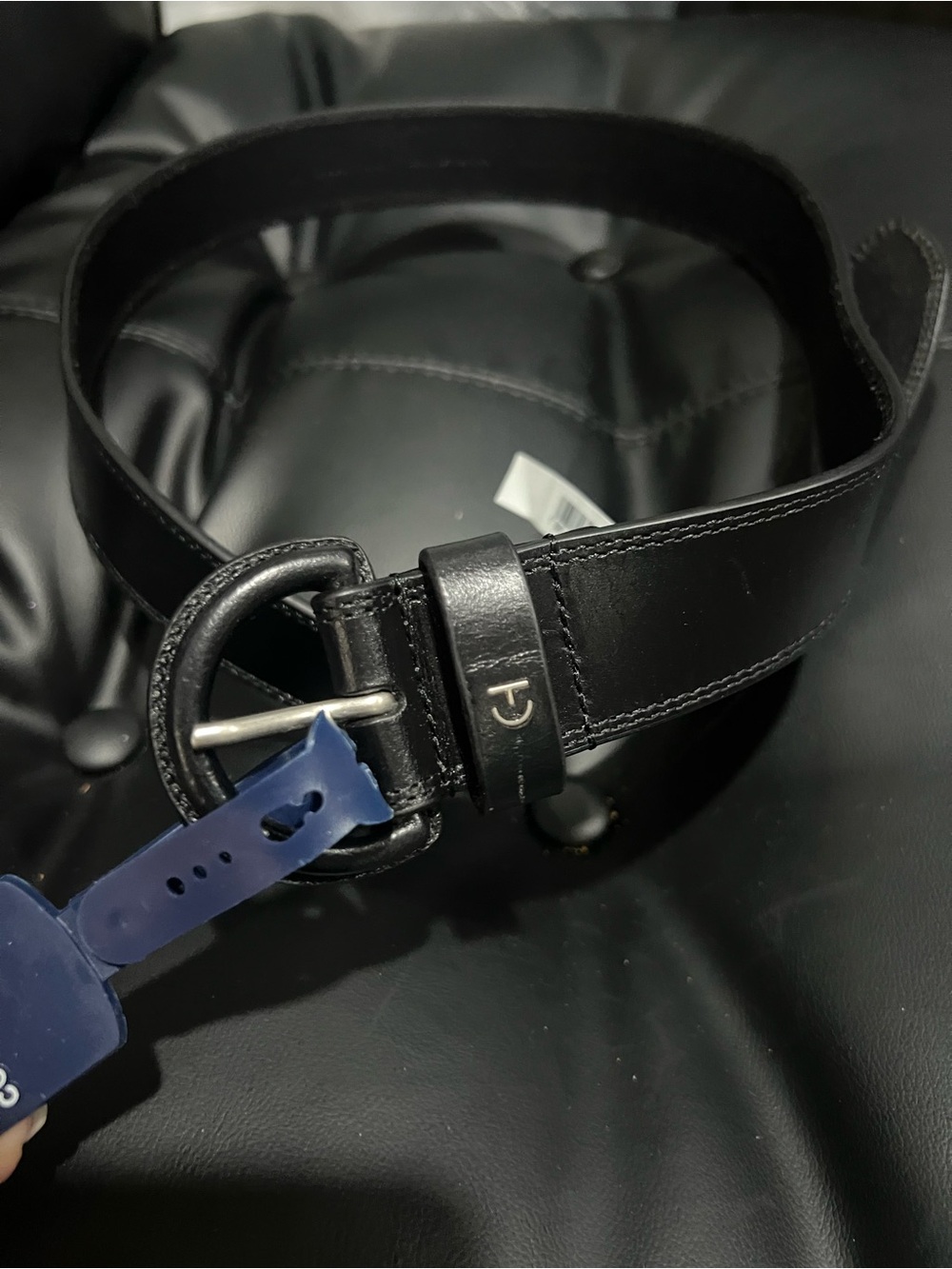 Cole Haan Black Leather Belt with Round Buckle and Logo Loop